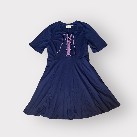 Maeve by Anthropologie Navy Fit & Flare Lace Up Front Dress - Picture 1 of 6